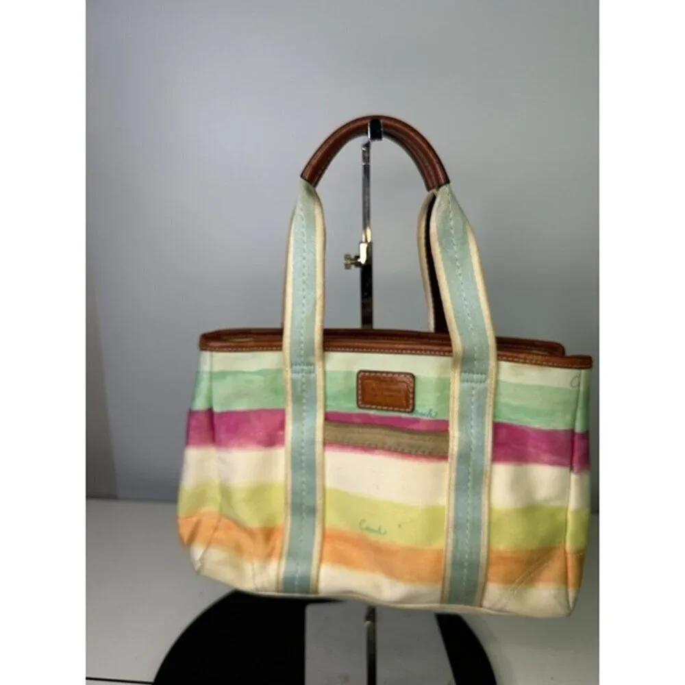DAMAGE Coach Hampton Watercolor Pastel Stripes Small Tote Handbag A0773-10025